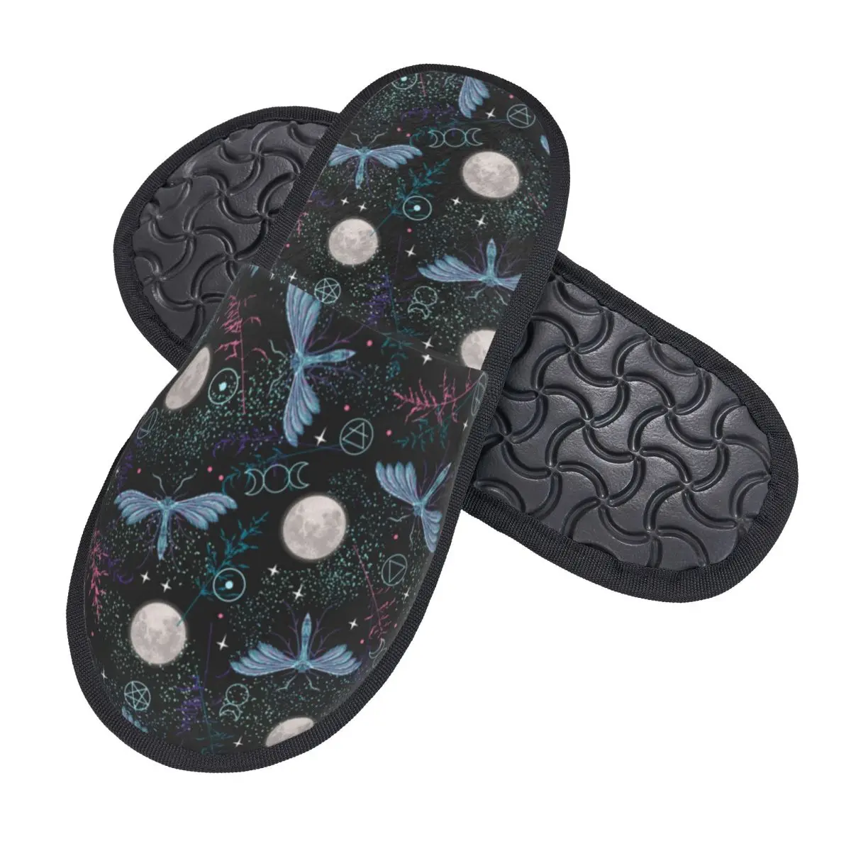 Plush Indoor Slippers Night Full Moon Stars Butterfly Moth Blades Of Grass Dust Warm Soft Shoes Home Footwear Autumn Winter