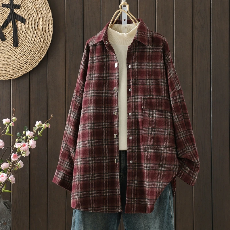 เสื้อคลุมคาร์ดิแกนลายสก็อตแบบหลวมสบาย ติดกระดุมเม็ดเดียว แขนยาว รุ่นใหม่สำหรับผู้หญิง ไซส์พลัส แฟชั่น ผ้าคอตตอนผสม สวมใส่สบาย