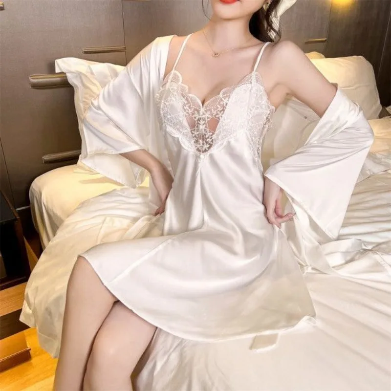 Sexy Women\'s Pajamas Spring High-end Sleepshirts Summer Ice Silk Camisole Nightgown Lace Thin New Homewear Short Nightgown Set