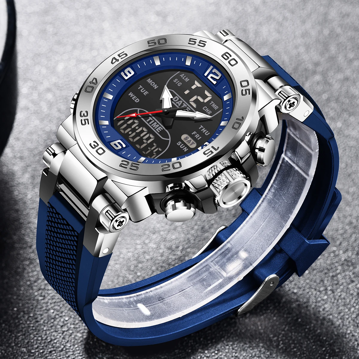 FOXBOX Fashion Man Watch Dual Display Silicone Waterproof Quartz Wristwatches Military Chronograph Date Sports Men Watches+Box