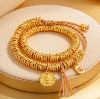 Fashion 24K real gold Yellow God of Wealth coiled braided hand rope Ping An 999 pure gold joy button Chinese style br