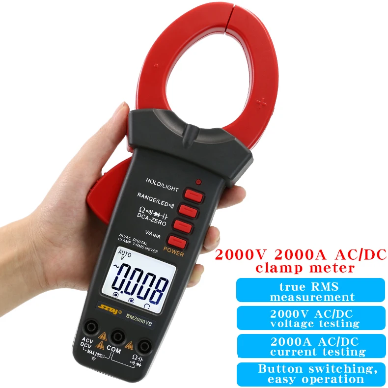 The SZBJ BM2000VB is a high-precision clamp multimeter that measures up to 2000V and 2000A for both AC and DC currents