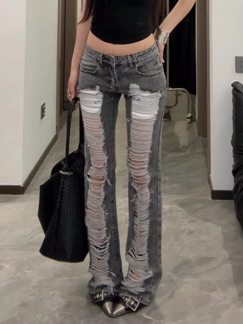 Calça jeans feminina cinza rasgada skinny harajuku vintage y2k estilo japonês 2000s emo jeans grandes calças compridas roupas