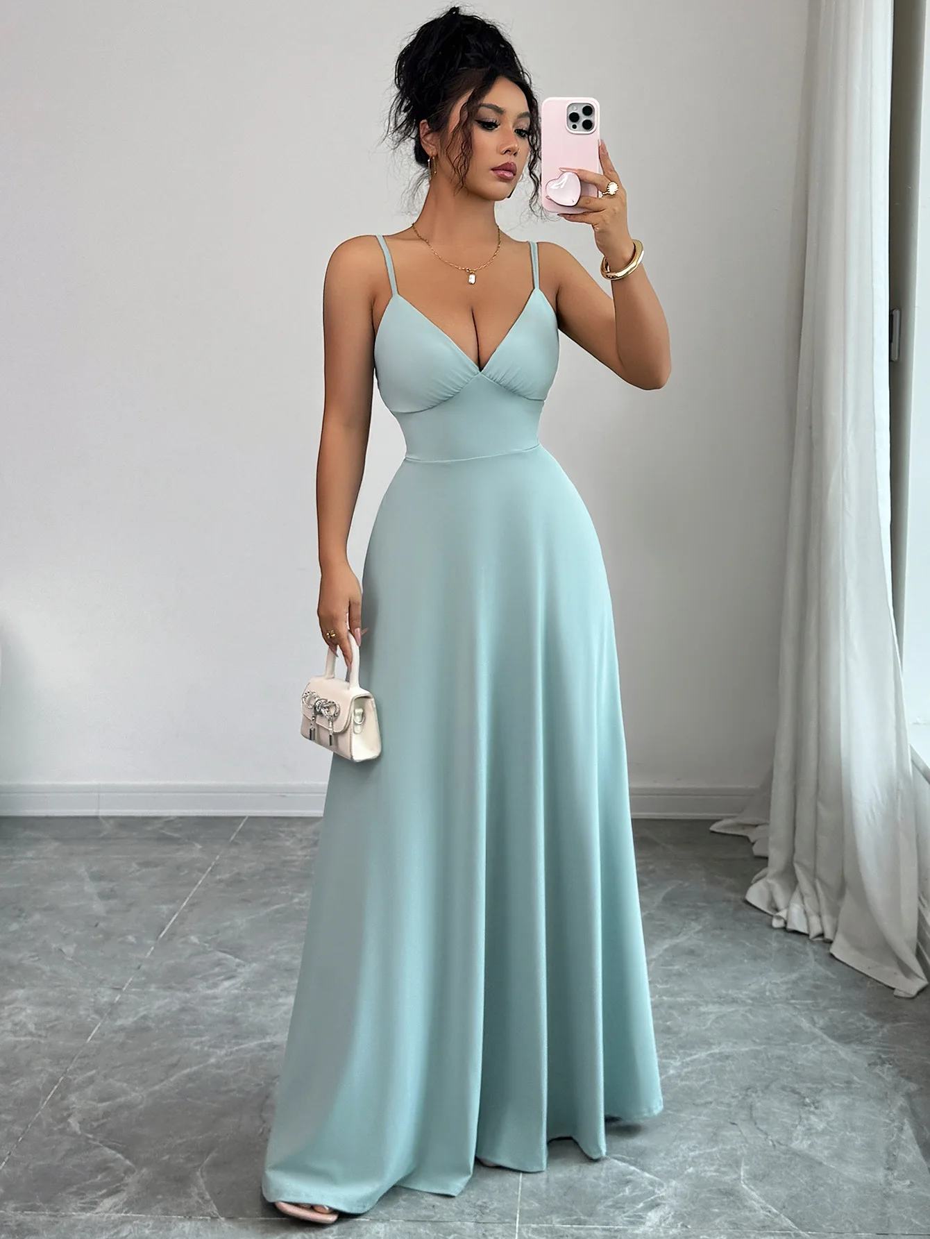 

Women's Dress Best seller Light Green Deep V Neck Spaghetti Strap Waist Cinched Floor Length Evening Dress Summer Party Dress