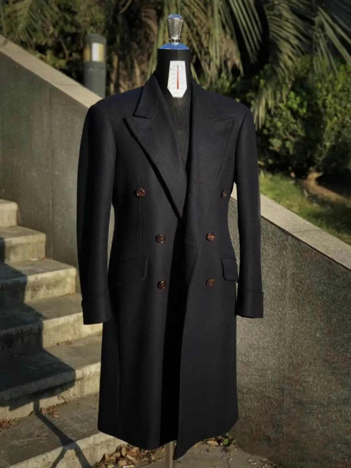 Black Tweed Woolen Man Blend Coat Long Outwaer Custom Made Double Breasted Overcoat Navy Blue Men's Suit Jackets Fit Slim