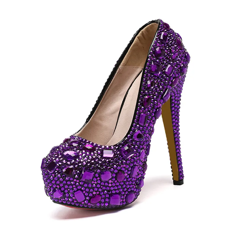 

NEW Sexy Fashion Women's Pumps Rhinestone Platform Wedding 14CM Thin Heels Round Toe Shallow Party Blue Pole Dancing Woman Shoes