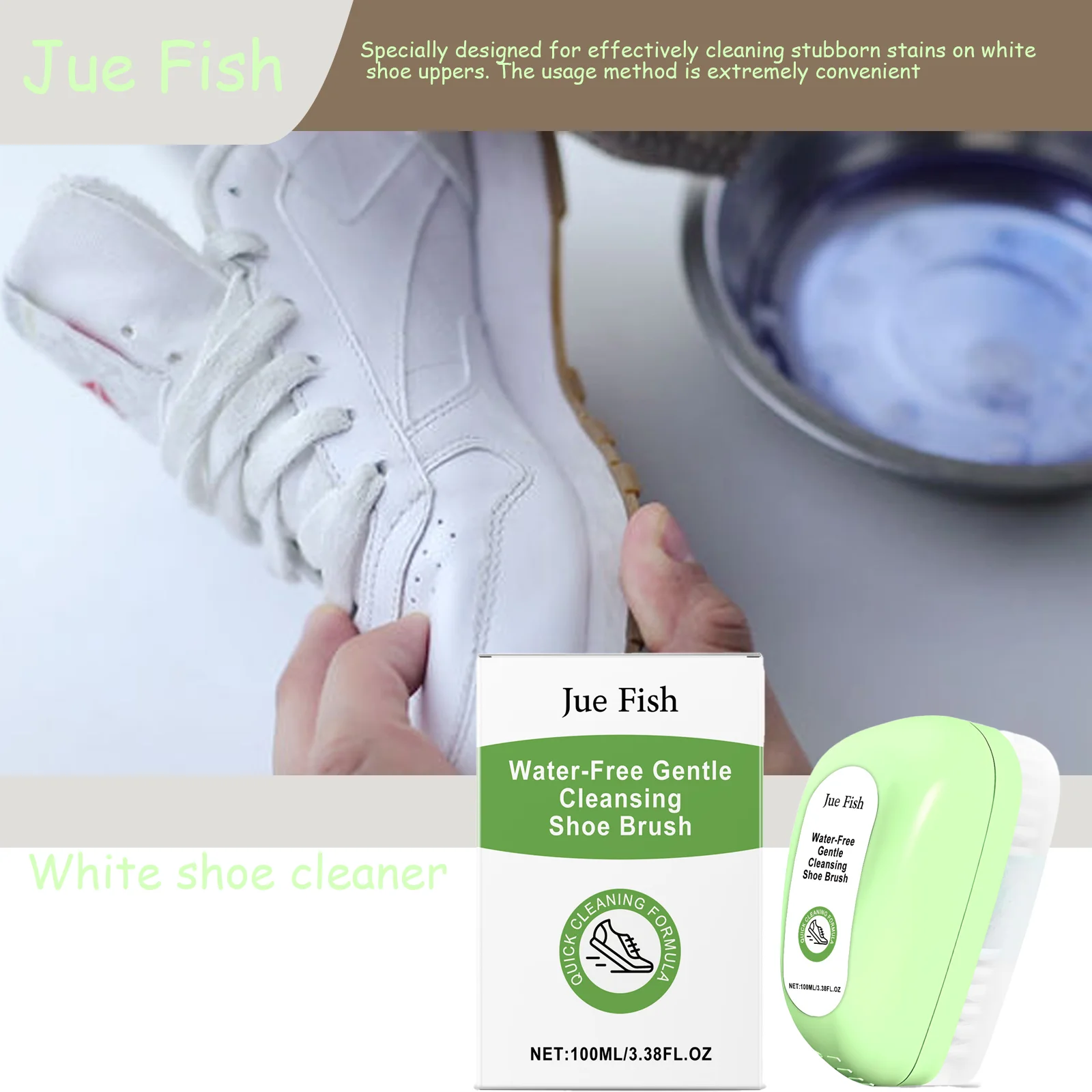 

Jue Fish White Sneaker Cleaner - Stain & Yellowing Remover, Shoe-Safe Formula with Portable Brush
