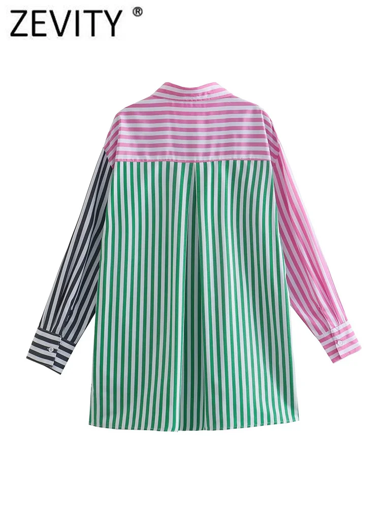 Zevity Women Fashion Color Matching Striped Print Smock Blouse Office Lady Breasted Shirt Business Chemise Blusas Tops LS1692