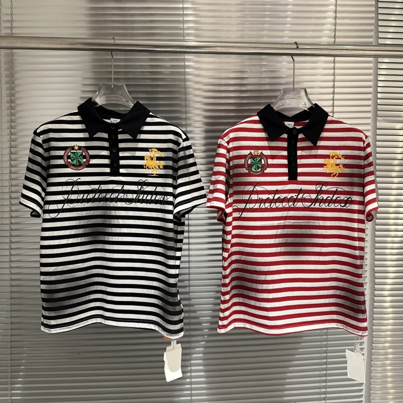 New High Quality Men's Women's Lapel PROTOCOL Short Sleeved Fashion Retro Distressed Striped Tops