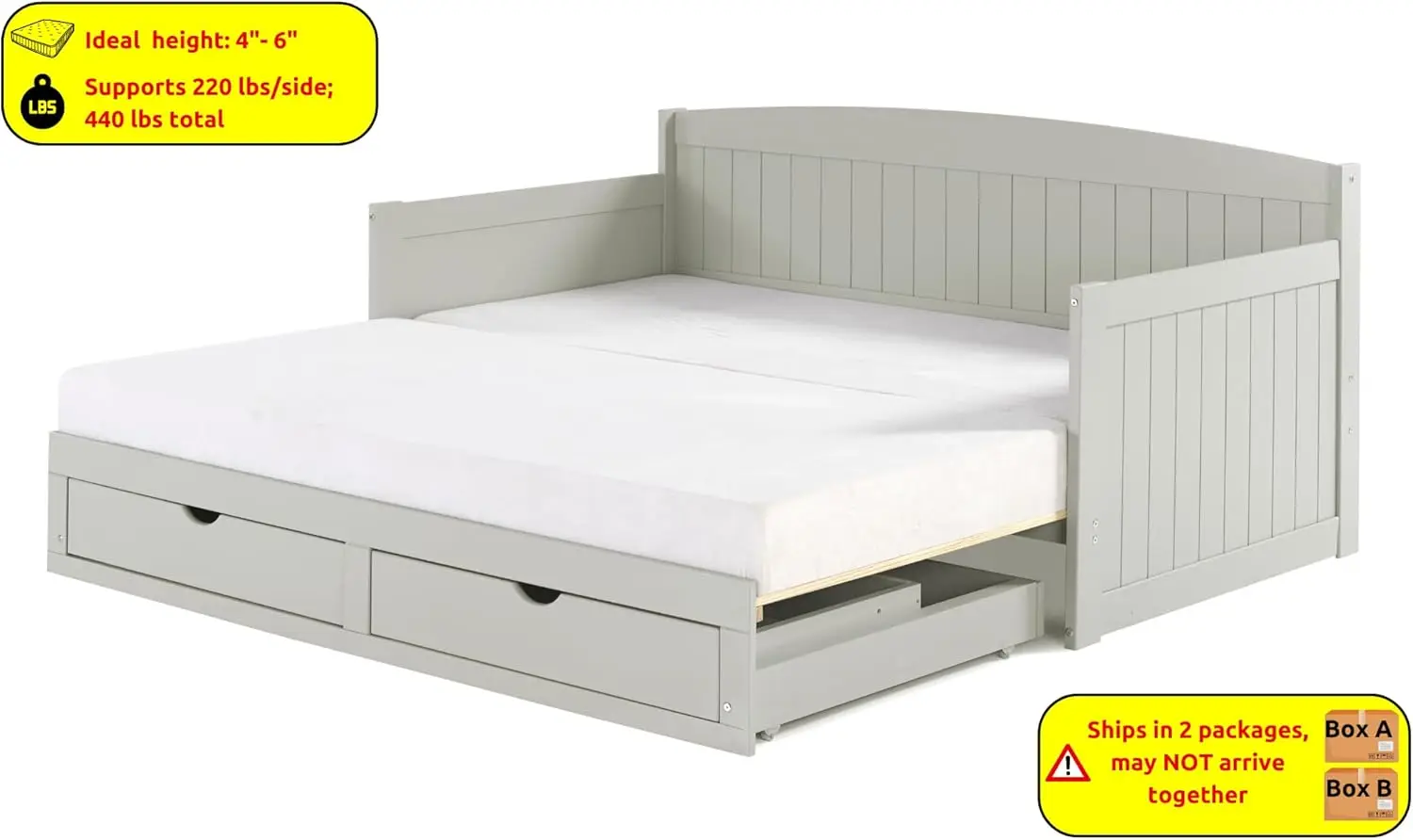 Harmony-cama de día de madera, individual, gris Paloma, 2 cajones extraíbles, 440 libras de capacidad de peso, construcción de pino brasileño, carillas