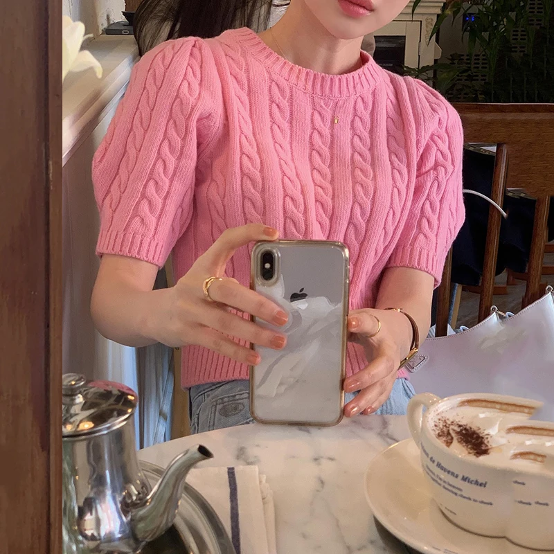 Temperament Top Spring Summer Shoulder Pink Short Sleeve Sweater Bottom Twists Bubble  Knitted Shirt Women Sweet