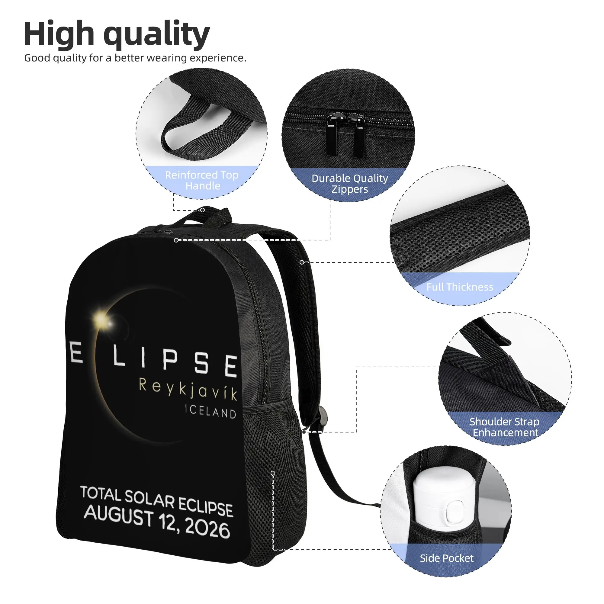 Iceland Eclipse 2026 August 12 Total Solar Reykjavík Backpack Outdoor Student  Daypack for Men Women College Shoulder Bag