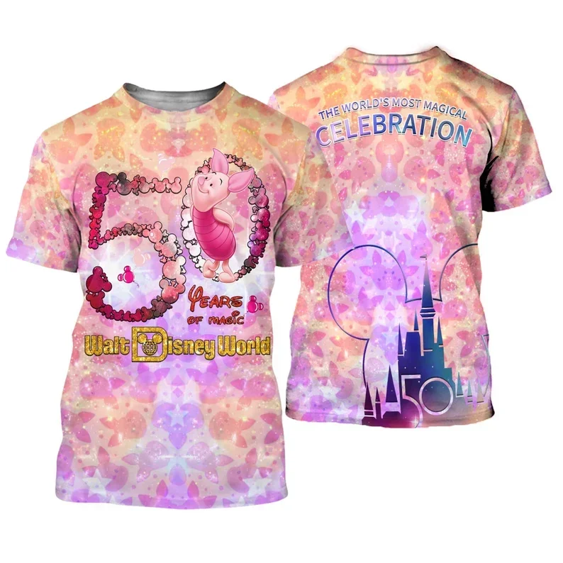 Piglet Purple Pink Yellow Glitter Castle Mickey Head Disney 50th Anniversary Unisex Casual T-shirts Outfits Clothing Men Women