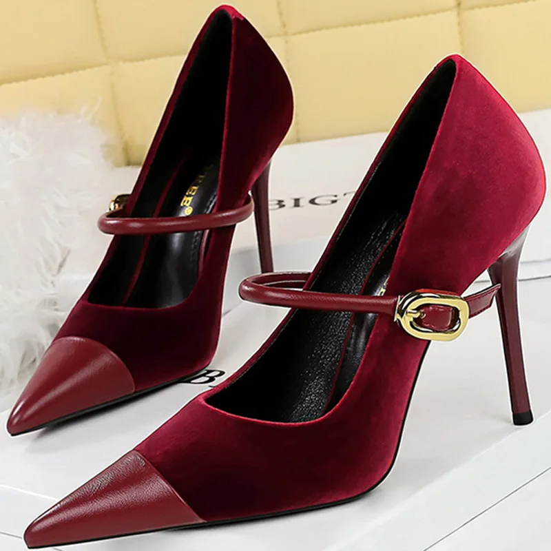 Korean Version Party 10cm 7cm High Heels Women Shoes Thin Heels Velvet Shallow Montage Pointed Toe Metal One-line Buckle Pumps