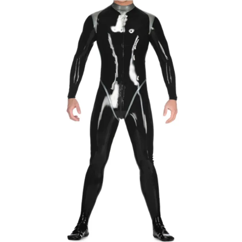 Latex Catsuit Handmade Black with Silver Back Crotch Zip Rubber Jumpsuit Bodysuit Socks for Men Customize