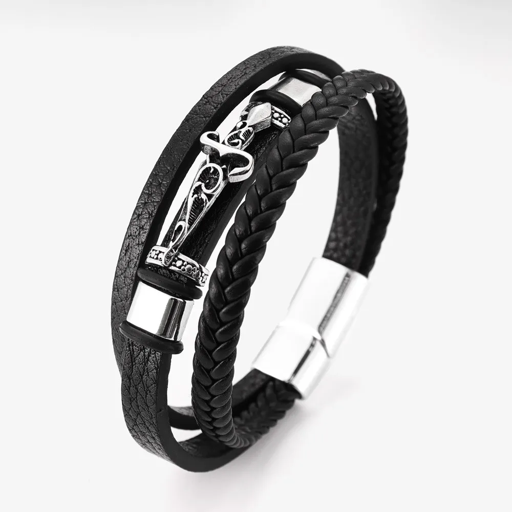 Trendy Multi-Layer Leather Woven Sword Cross Bracelet Charm Men\'s Bracelet New Fashion Hip Hop Punk Jewelry Accessories Gifts