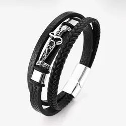 Trendy Multi-Layer Leather Woven Sword Cross Bracelet Charm Men's Bracelet New Fashion Hip Hop Punk Jewelry Accessories Gifts