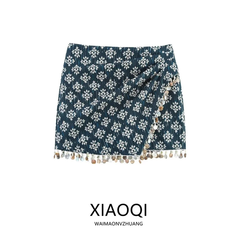 

Summer 2025 High Waist Casual Printed Beaded Women's Skirt Pants Commute Sle A-Line Stand Fit ort Length Floral Pattern