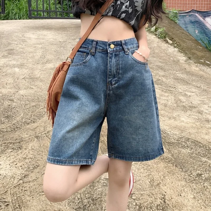 Y2k celana pendek longgar wanita celana Denim kaki lebar biru Vintage musim panas wanita celana pendek Fashion Korea kasual wanita panjang selutut Jeans Mujer