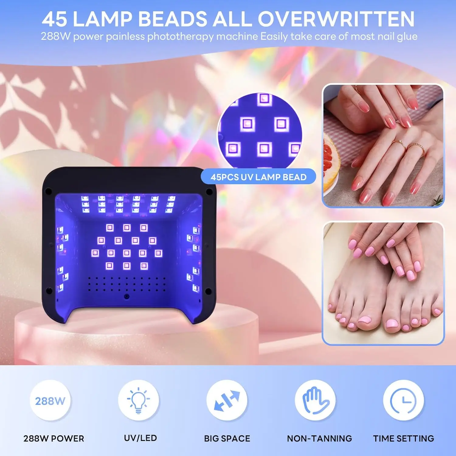 288W UV LEDネイルランプ ジェルネイル用、オートセンサー＆4段階設定で高速硬化
