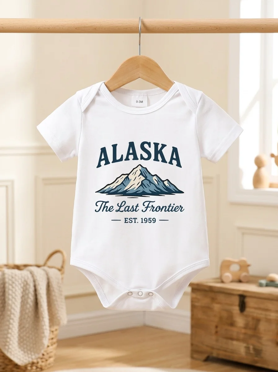 The Baby Onesie Is Printed with Dark Blue 'alaska' Letters and A Snow Mountain Pattern, Easy and Attractive  for Outdoor