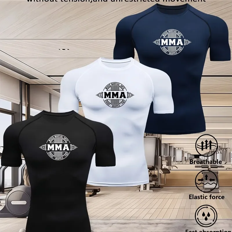 Men's compression short sleeve T-shirt quick dry moisture wicking breathable fabric for gym workout MMA training running