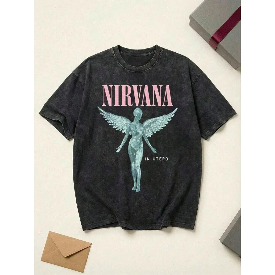 【New style】Nirvanas In Utero Graphic Tee Cotton Shirt Unisex Couple Matching Boyfriend Style Anatomical Angel Print Acid Washed