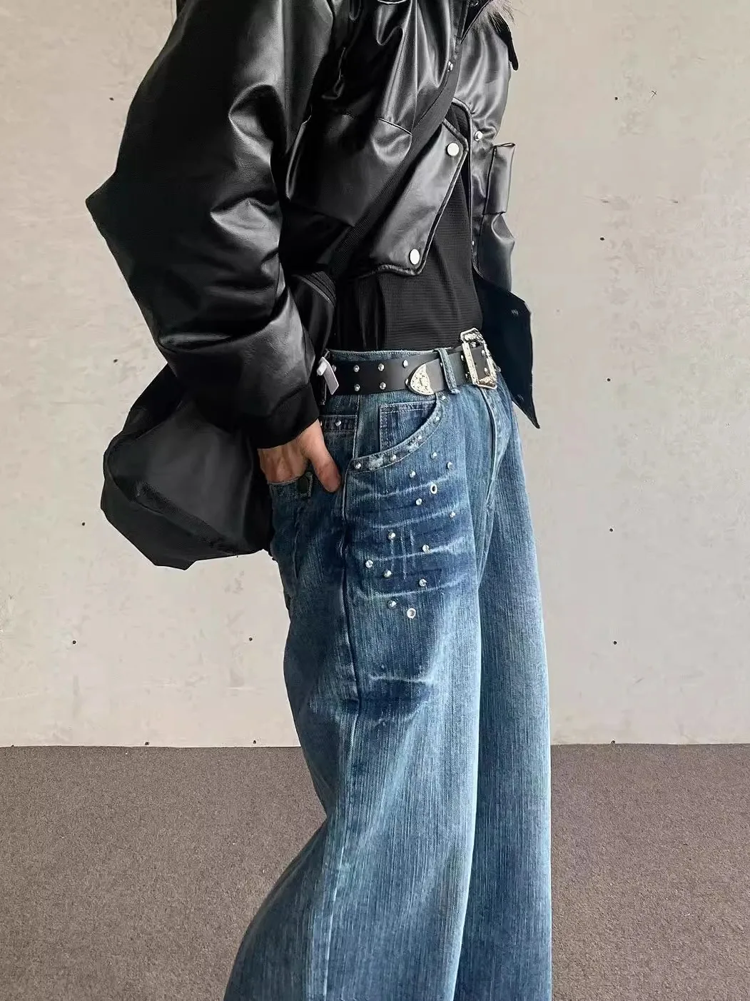 American High Street Retro Rivet Lightning Jeans Men Loose Straight Tube Small Design Sense Cleanfie Versatile Pants