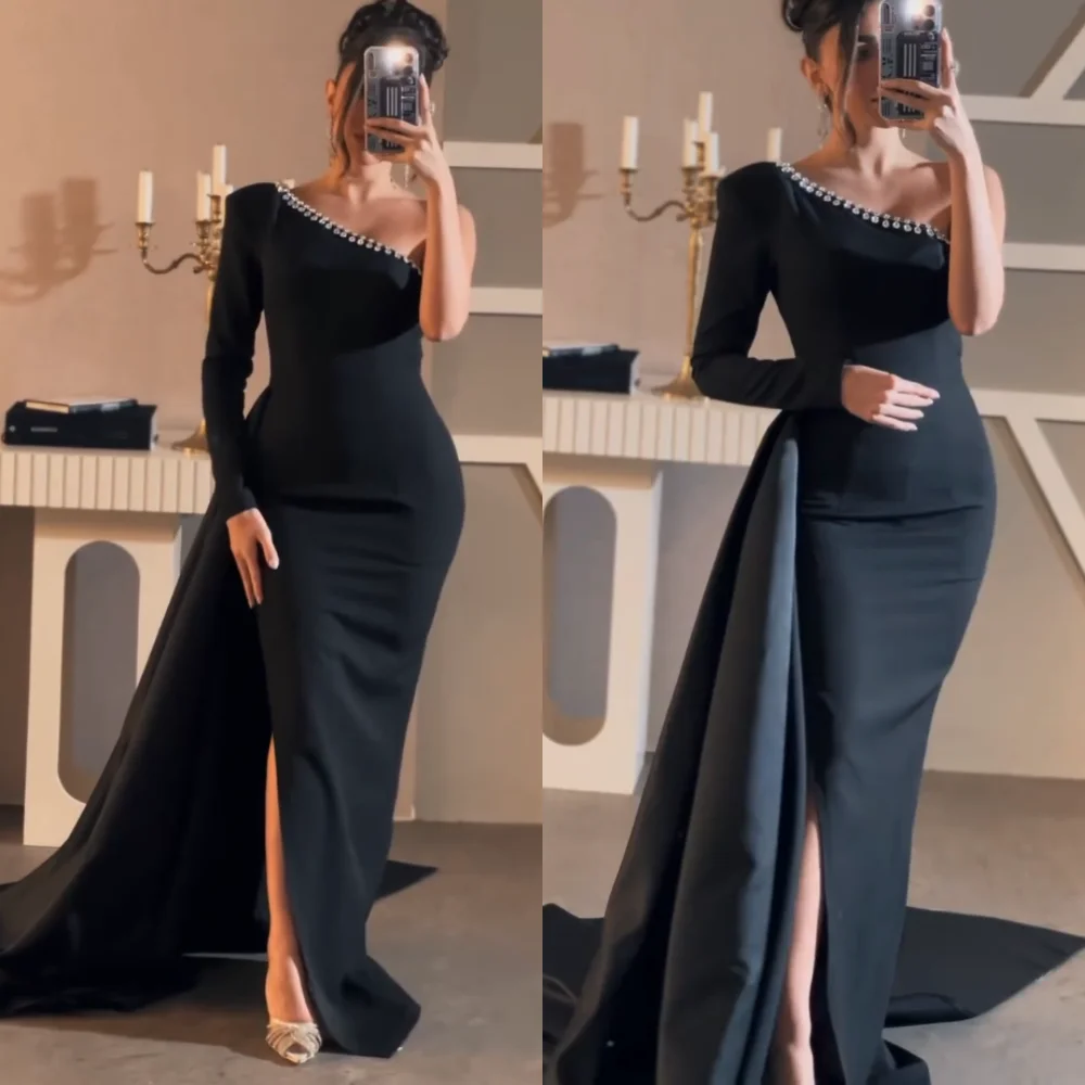 

Customized Jersey Rhinestone One-shoulder Sheath Long Dresses Bespoke Occasion Classic Elegant High Quality Evening Party