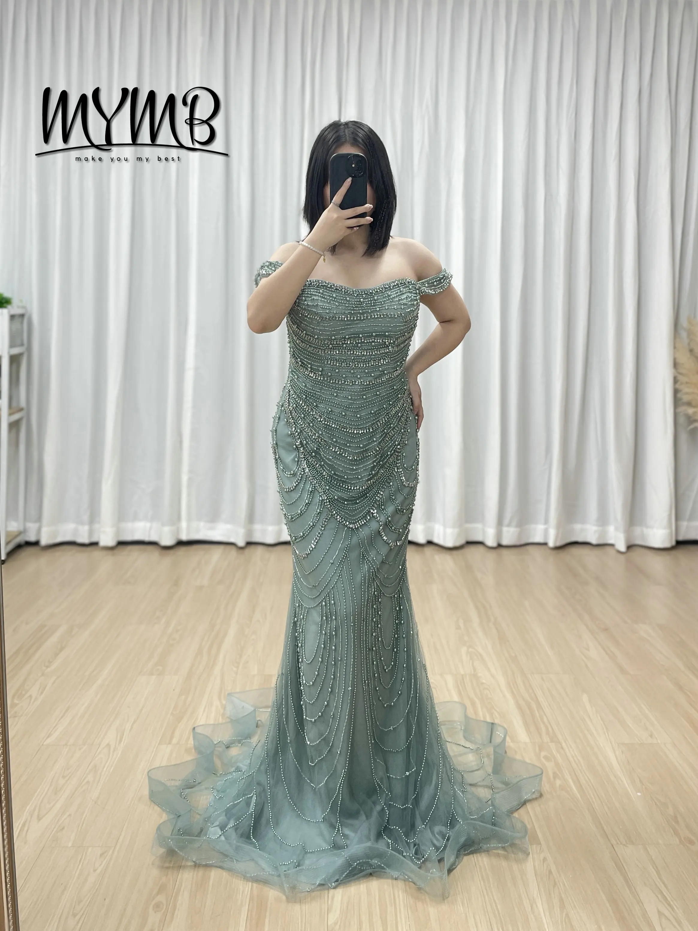 MYMB Luxurious Off Shoulder Beaded Mermaid Evening Dresses With Tulle Hem Crystal Pearl Embellished Formal Prom Gowns MB40209-2