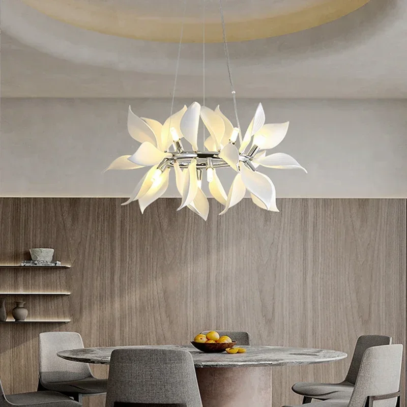 

Porcelain White Petal Chandeliers Gold Chrome Hanging Lamp for Ceiling Living Room LED Decor Lighting Fixture Modern Home Lustre