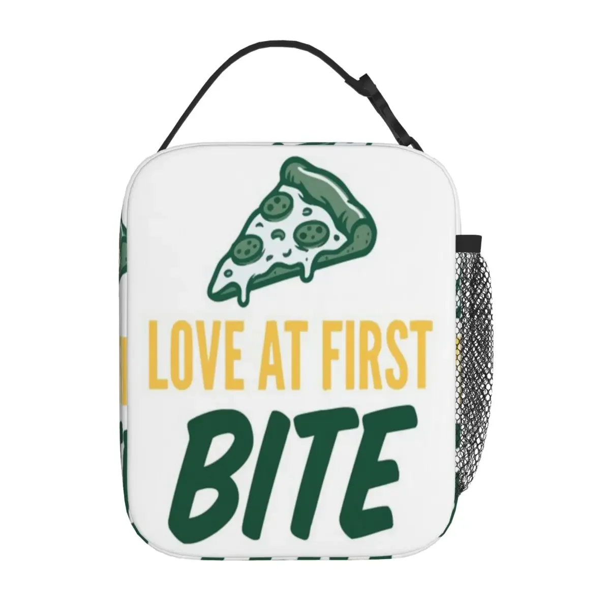 Hot Sale Love At First Bite Funny Pizza Foodie Slice Humor Multi Pocket Cooler Lunch Bag Diet Meal Packing Insulated Snack Tote