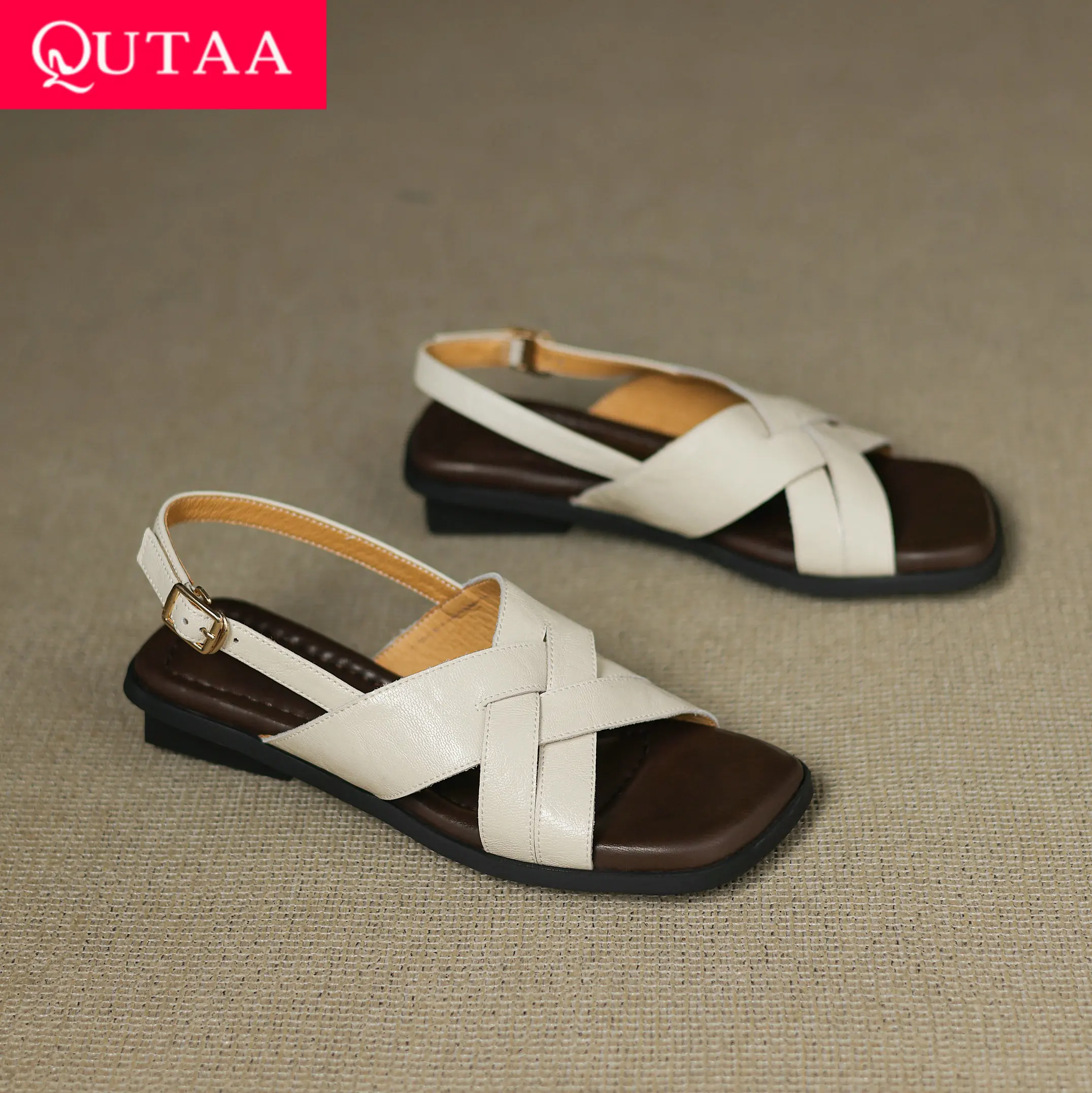 

QUTAA 2025 News Fashion Sexy Women Flats Sandals Shoes Slingback Flats Heels Sheepskin leather Summer Party Dress Shoes 34-40