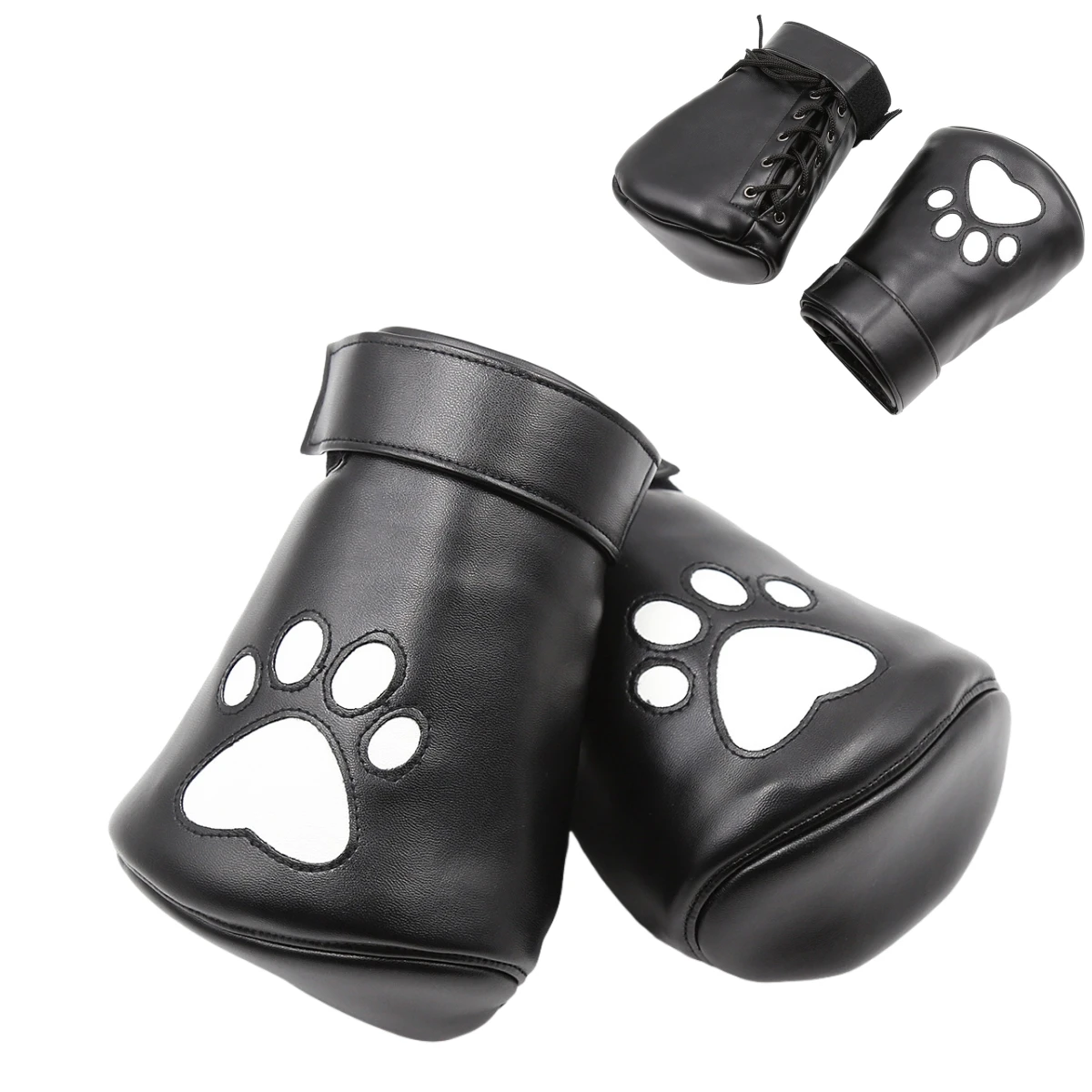 

A pair Roleplay Leather Thick Soft Black Printed Bear Paw Boxing Gloves Restraint Gloves Cosplay Couple Games Adult Halloween
