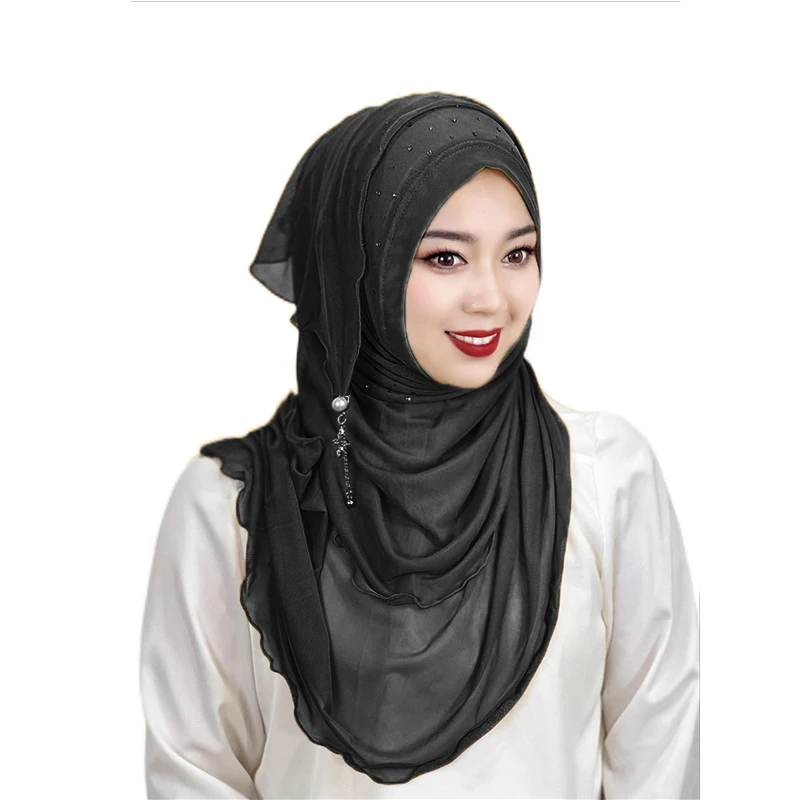 Muslim Sport Hijab Pure Color Turban Hair Accessories Muslim Women Hijabs with Diamonds Arabic Soft Headscarf Islam Muslim Hijab