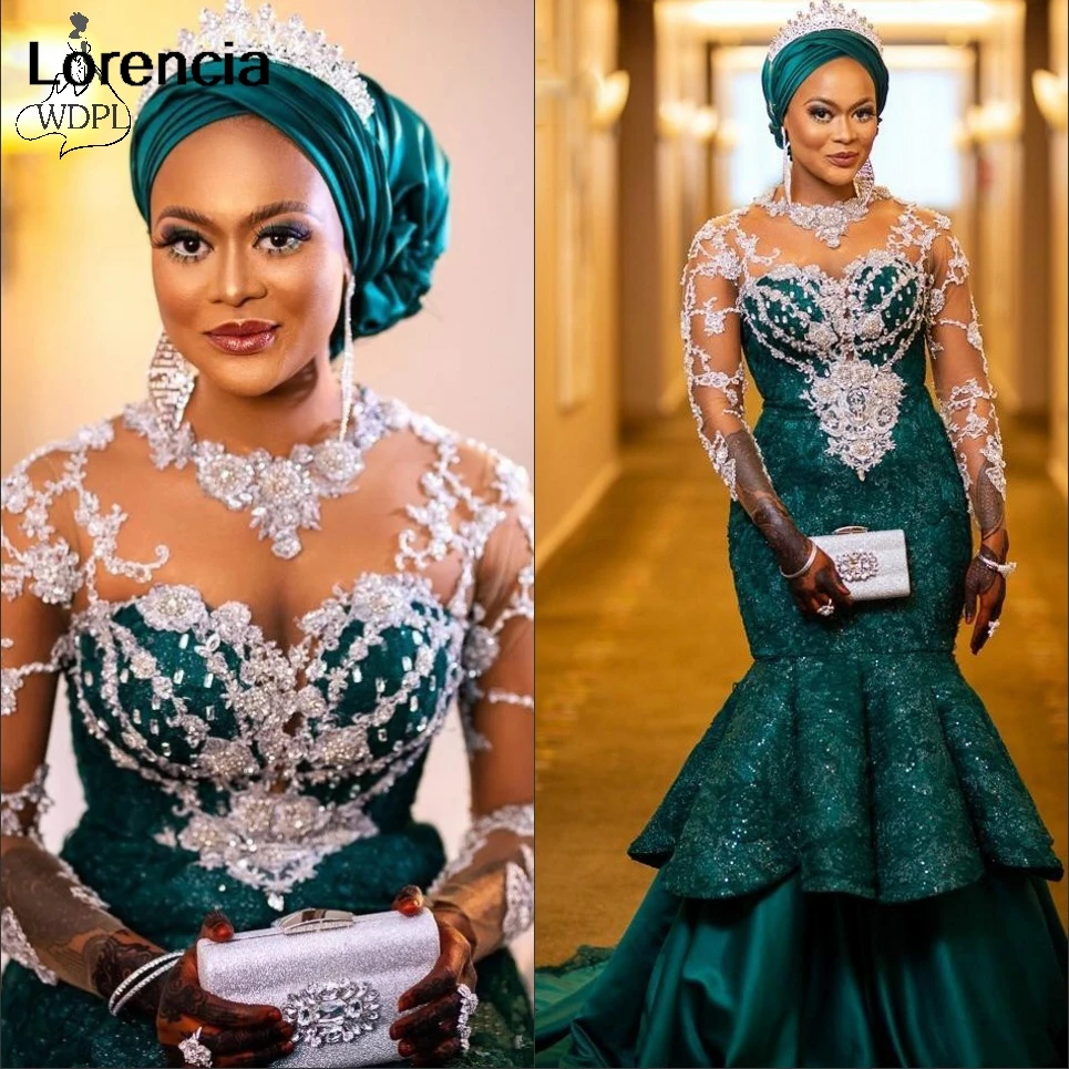 Lorensia Aso Ebi gaun Prom putri duyung hijau 2024 gaun malam Formal Arab Afrika Applique renda lengan panjang