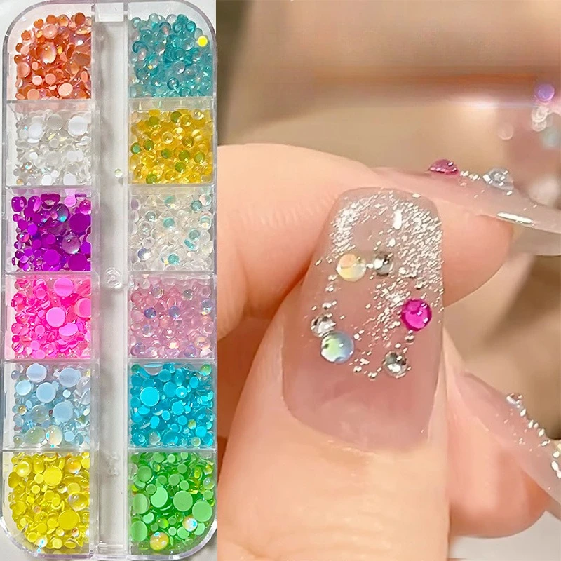 12Colors/1Box Rainbow Mermaid Tears Nail Art Charms Macaron Bubble Beads Nail Art For Aurora Half Spherical Resin Nail Decoratio