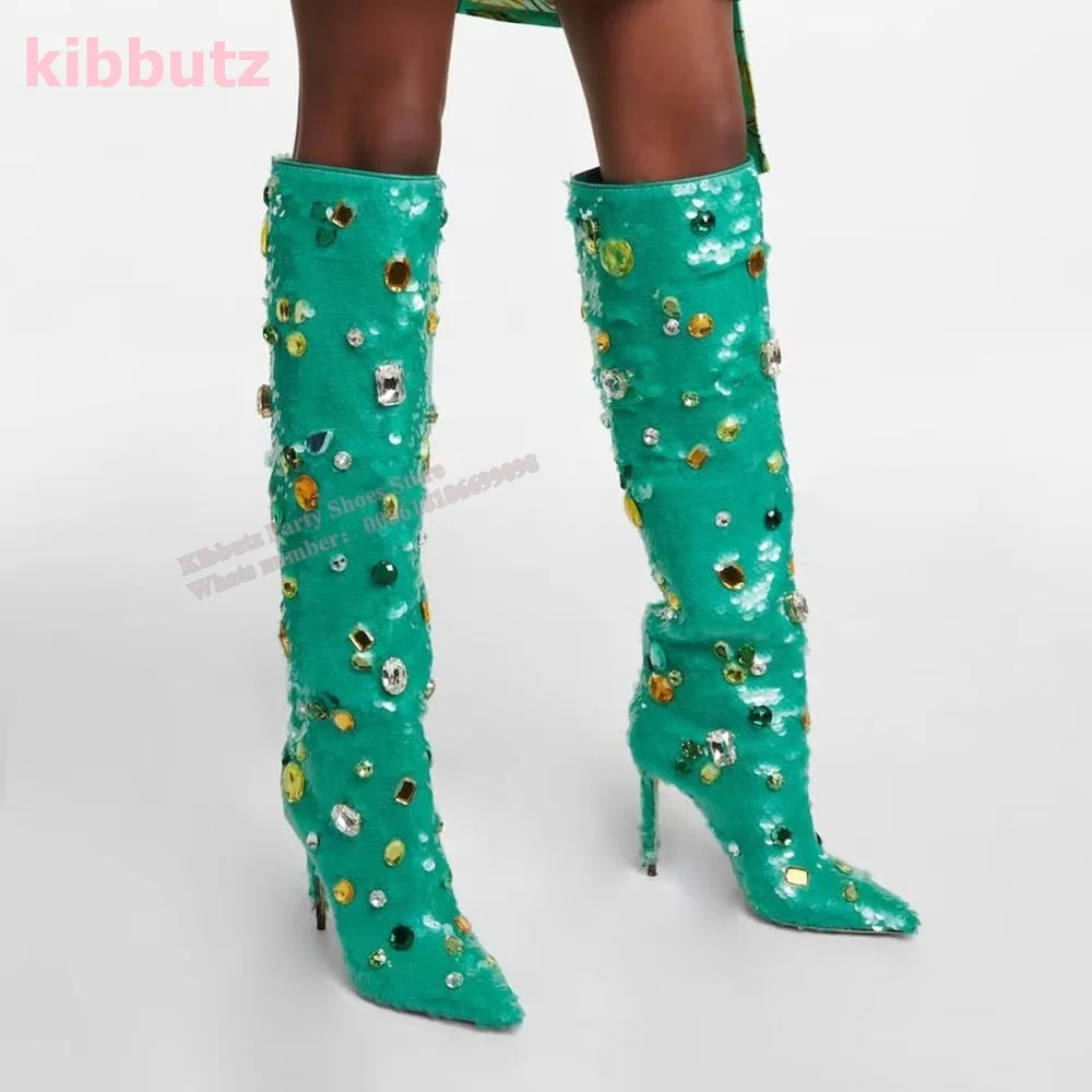 

Crystal Pointed Toe Thin Heel Knee-High Boots Bling Glossy Rhinestone Slip-On Fashion Sexy Luxury Elegant Super High Shoes New