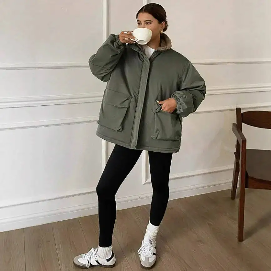 

Fleece 100% Cotton Lined Thickened Stylish Long Sleeve Cotton Coat for Women