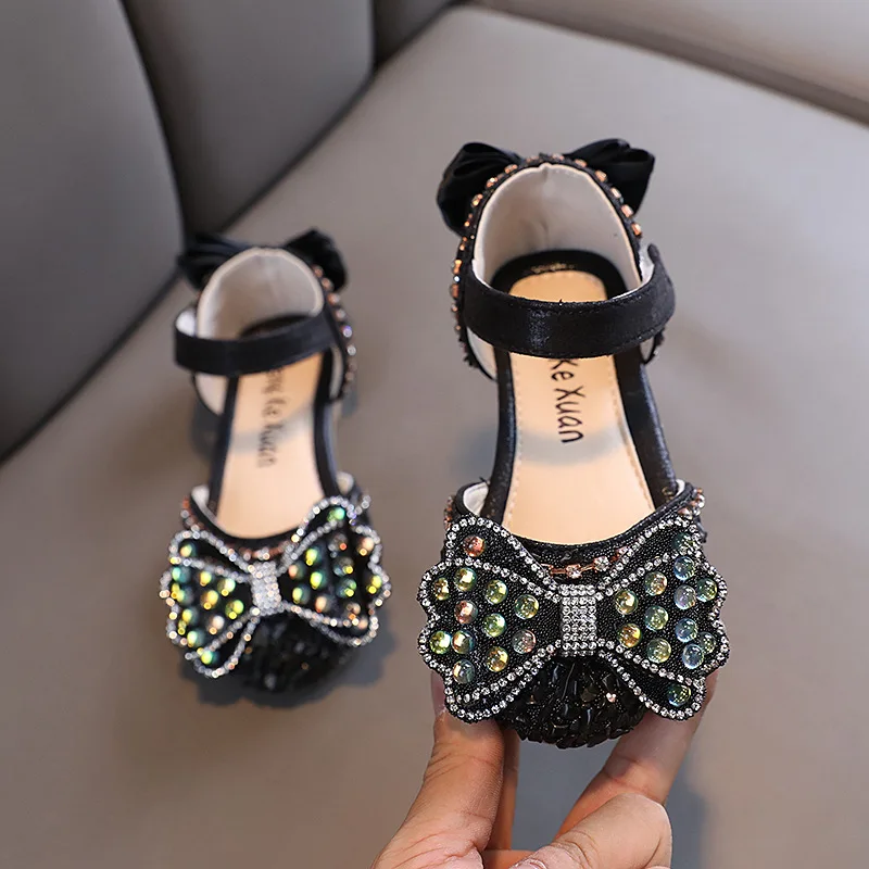 AINYFU Summer Children Rhinestones Bow Sandals Girls Sequins Princess Sandals Toddler Baby Soft Bottom Flats Dance Shoes