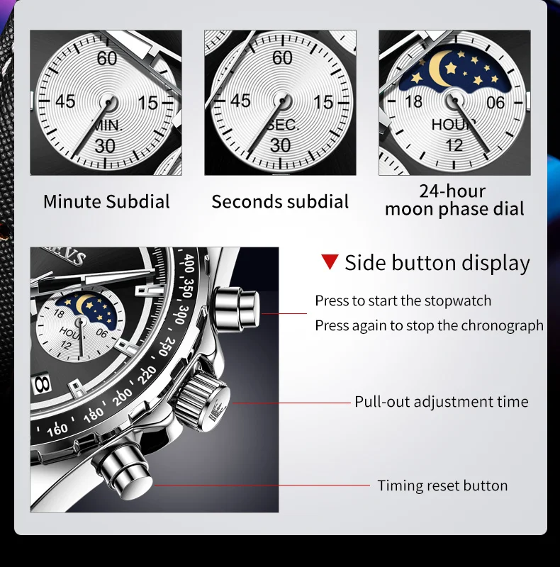 Olevvs 2945 relógio de quartzo original para homens à prova dwaterproof água brilho cronógrafo fase da lua multifunciton relógio de pulso masculino luxo