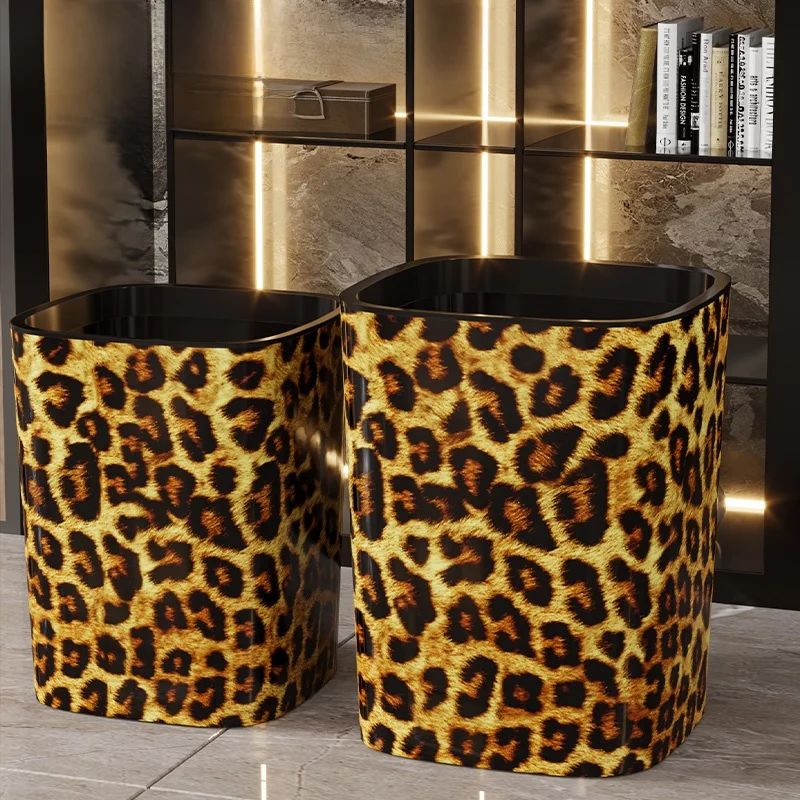 

Home Use 2025 New Leopard Print Trash Can Living Room Kitchen Bathroom Luxury Creative Bedroom INS Style Paper Basket