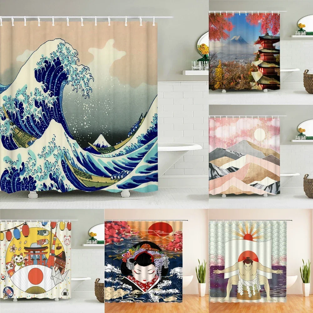

Japanse Stijl Douchegordijn 3d Inkt Schilderij Badkamer Gordijn Waterdicht Met Haken 180*240Cm Douchegordijn Polyester 75%