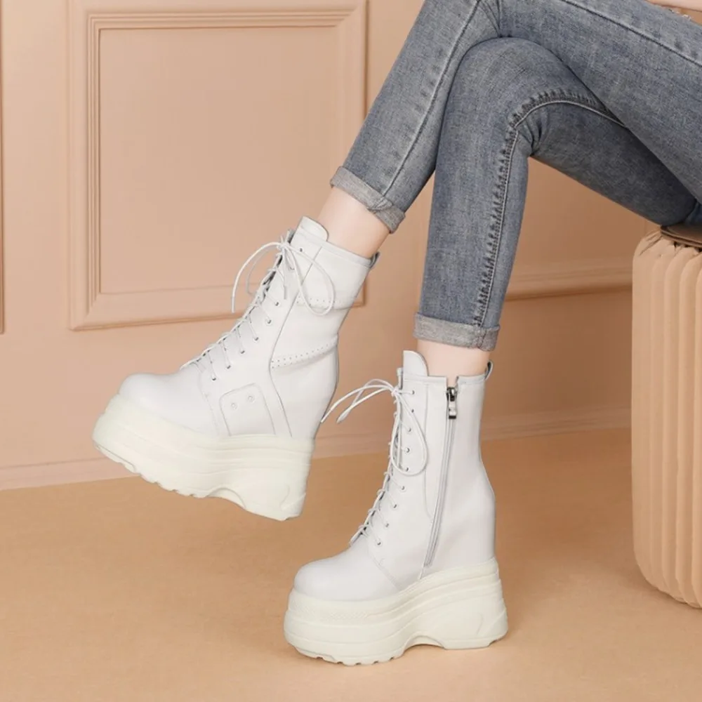 Brand Design Women High Heels Punk Gothic Female Motorcycle Boots Genuine Leather Platform Women Boots Fashion Wedges Ankle Boot