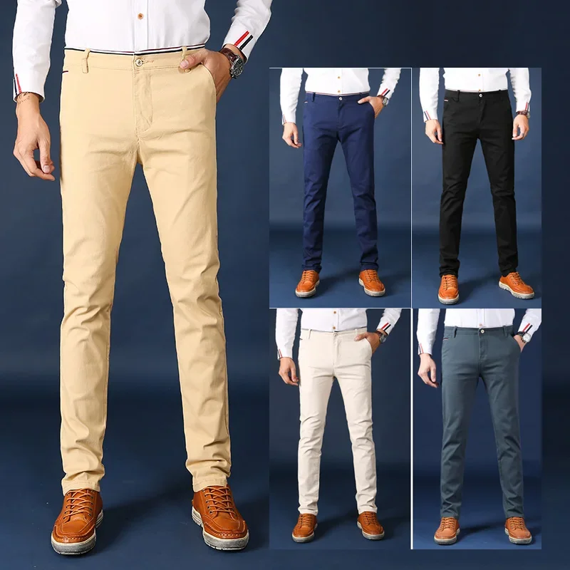 Men Fashion Business High Waisted Solid Trousers Large Size 28-38 Slim Fit Pants Male Plush Straight Leg Skinny Formal Slacks