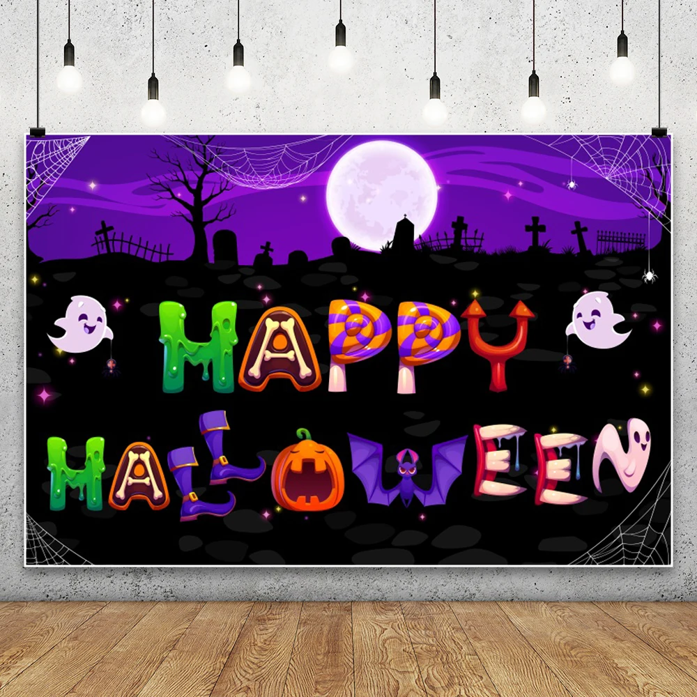 Happy Halloween Photography Background Horror Forest Cemetery Purple Castle Pumpkin Lantern 2025 Halloween party  Photo Backdrop