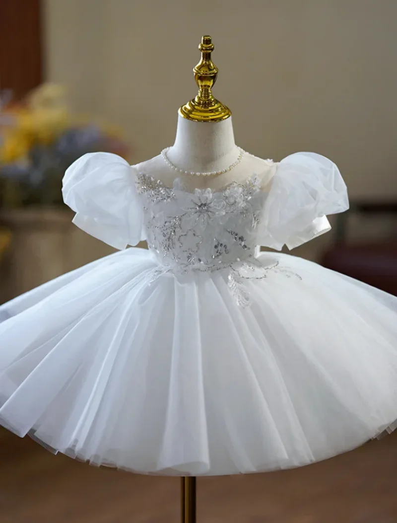 Children Birthday Party Dress Beaded Flowers Baby Girls Dresses Outfits Infant White Gowns Princess Toddler Clothes