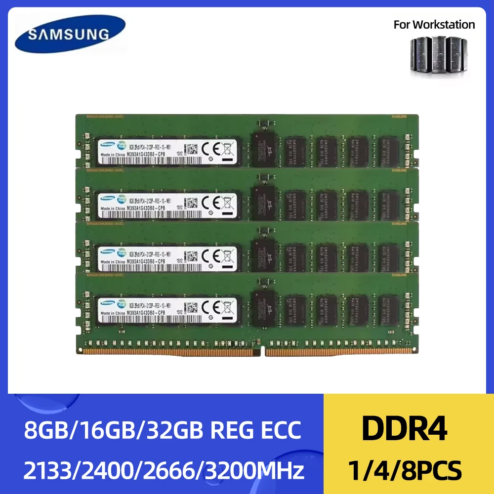 1/4/8PCS Memoria RAM Samsung DDR4 REG ECC para Servidor, 8GB 16GB 32GB 2133 2400 2666 2933 3200MHz RDIMM, Compatible con Placa Base X99 Xeon
