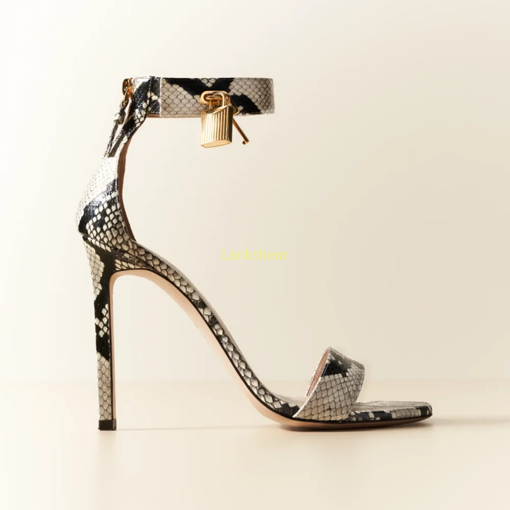 

Metal Decoration Crocdile Cover Heel Sandals Sexy Pointed Toe Thin Heel Zipper One Word Belt New Arrivals Fashion Women Shoes