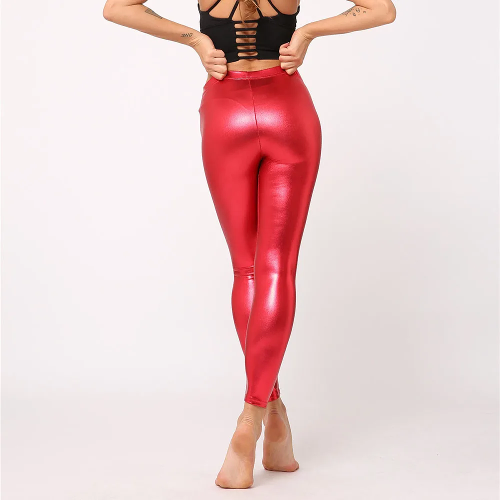 Sexy Leather Leggings Women Pants Bright Metallic Style Leather Legging Female Elastic Slim Fitness Leather Pants Trousers